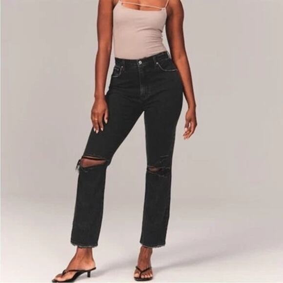 Abercrombie & Fitch The Ankle Straight Black Distressed Ultra High Rise Sz 27/4 - Picture 1 of 10